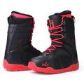 Men's black ski boots with tie closure, rubber outsole, EVA midsole, and shock-absorbing insole, sizes 35 to 45.