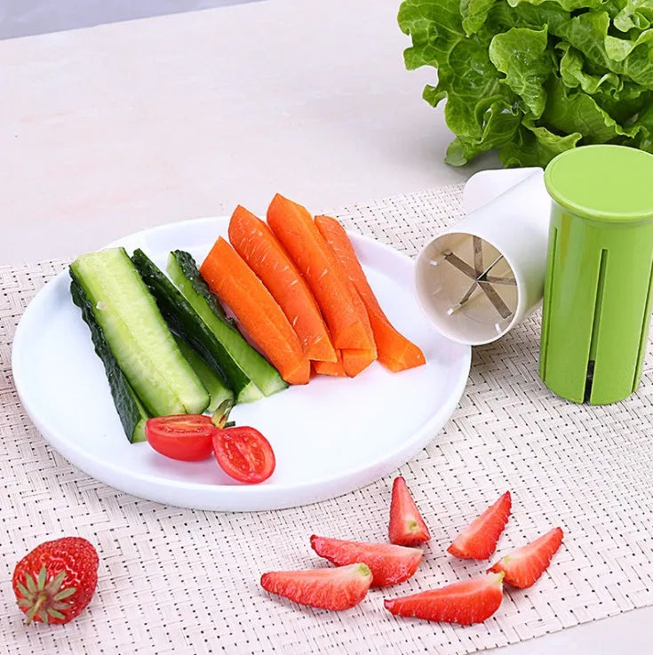 White kitchen vegetable and fruit slicer with six stainless steel blades.