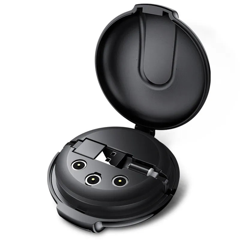 Black 3-in-1 magnetic retractable charger with car mount patch and universal phone plugs