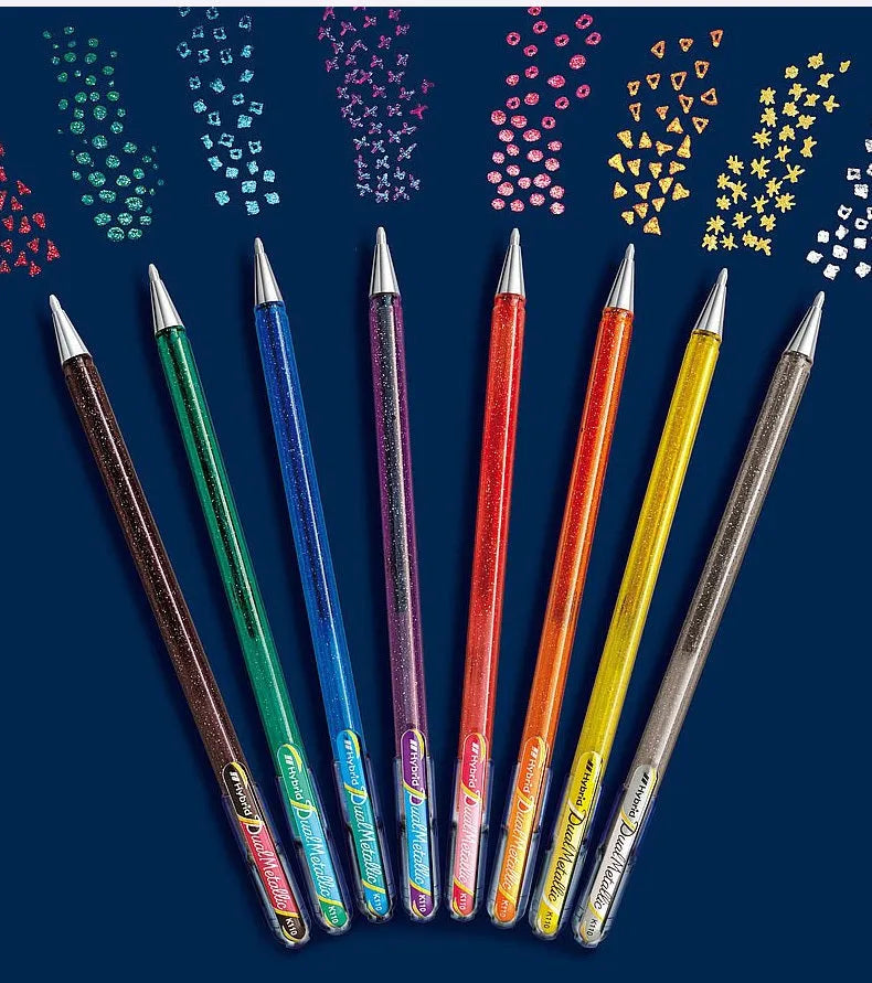 Flash K110 1.0mm gel pen with pearlescent glitter ink in eight colour options on white paper.
