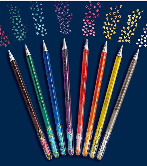 Flash K110 1.0mm gel pen with pearlescent glitter ink in eight colour options on white paper.