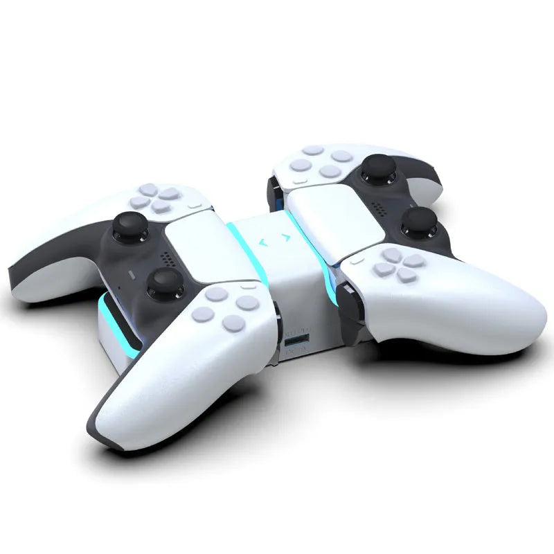 White PS5 dual controller charging station with red and blue LED indicators on a desk
