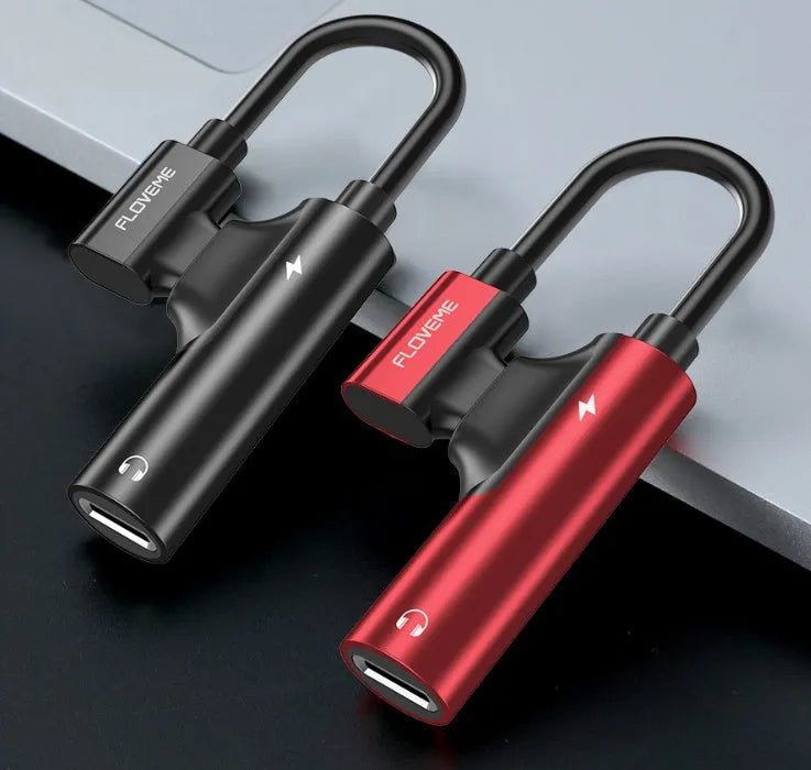 Lighting audio charging splitter adapter black anodised aluminium alloy 5V1A with earphone and charging cable connected