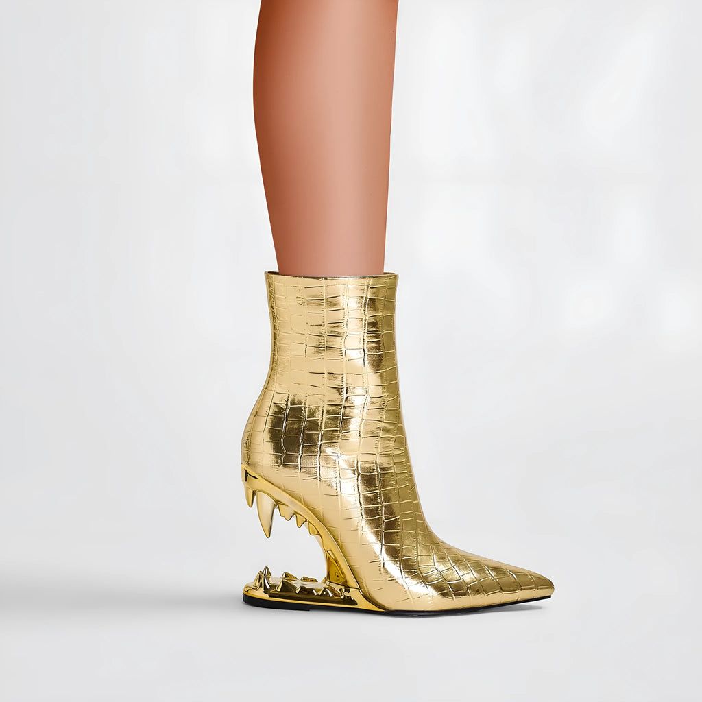 Gold women's pointed tiger tooth heel wedge shoes with side zipper and rubber sole
