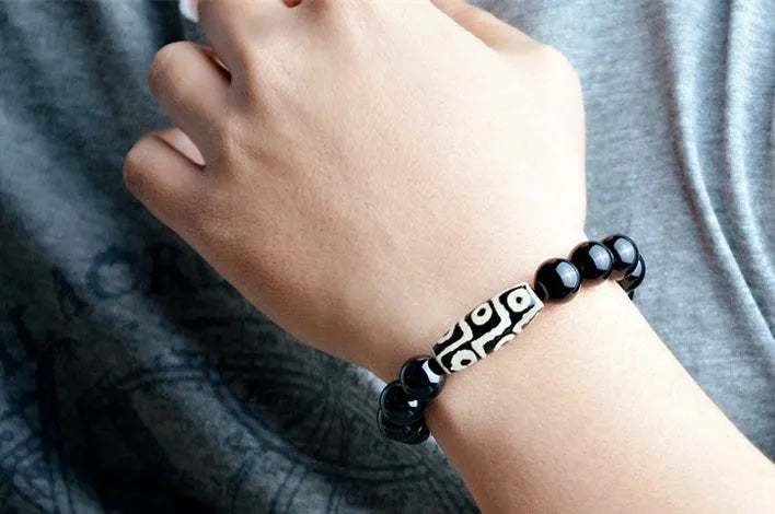 Natural black agate nine eye beads bracelet ethnic style unisex black colour 10mm 12mm 14mm