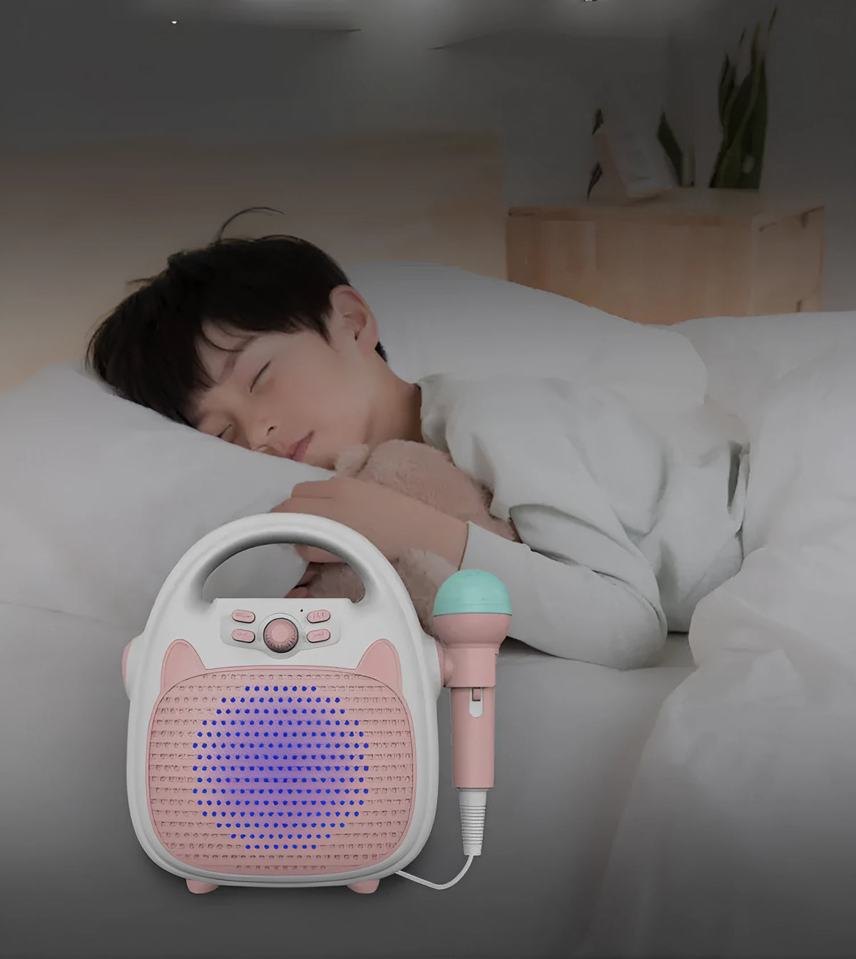 Bluetooth kids karaoke machine with microphone, phone holder, LED disco lights, blue and pink options