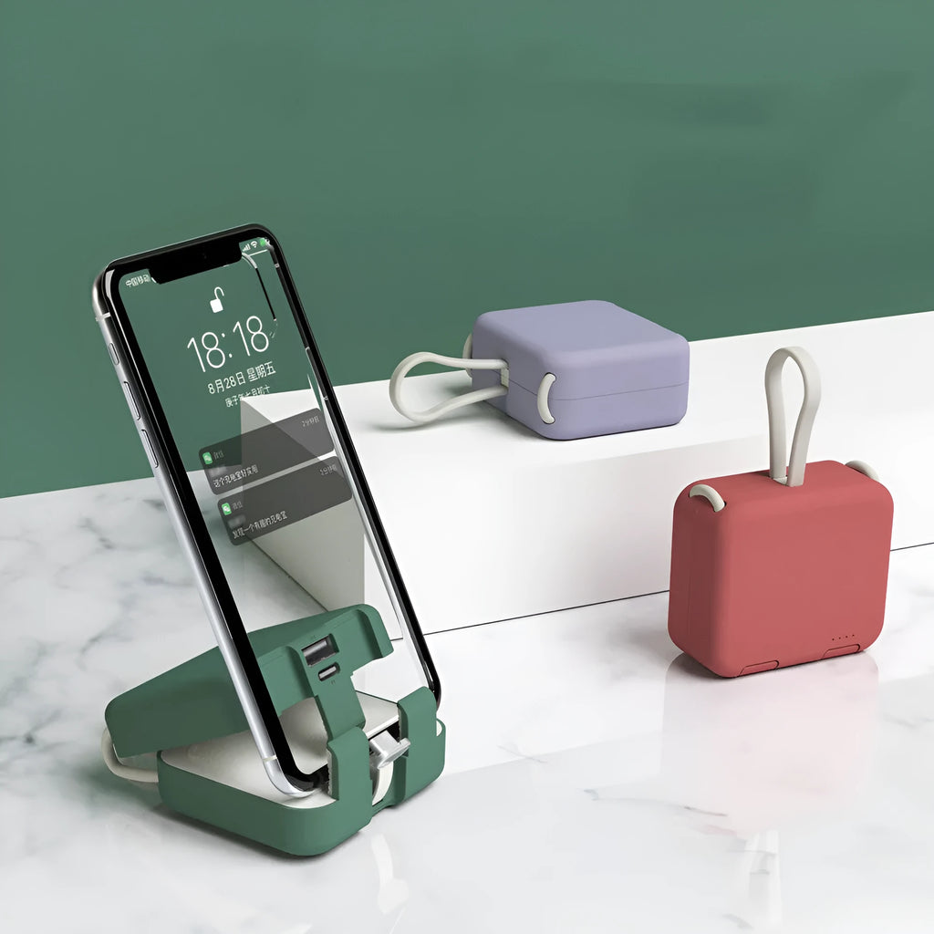 Handbag clip-on power bank with mobile phone stand function in blue, green, red or white colours