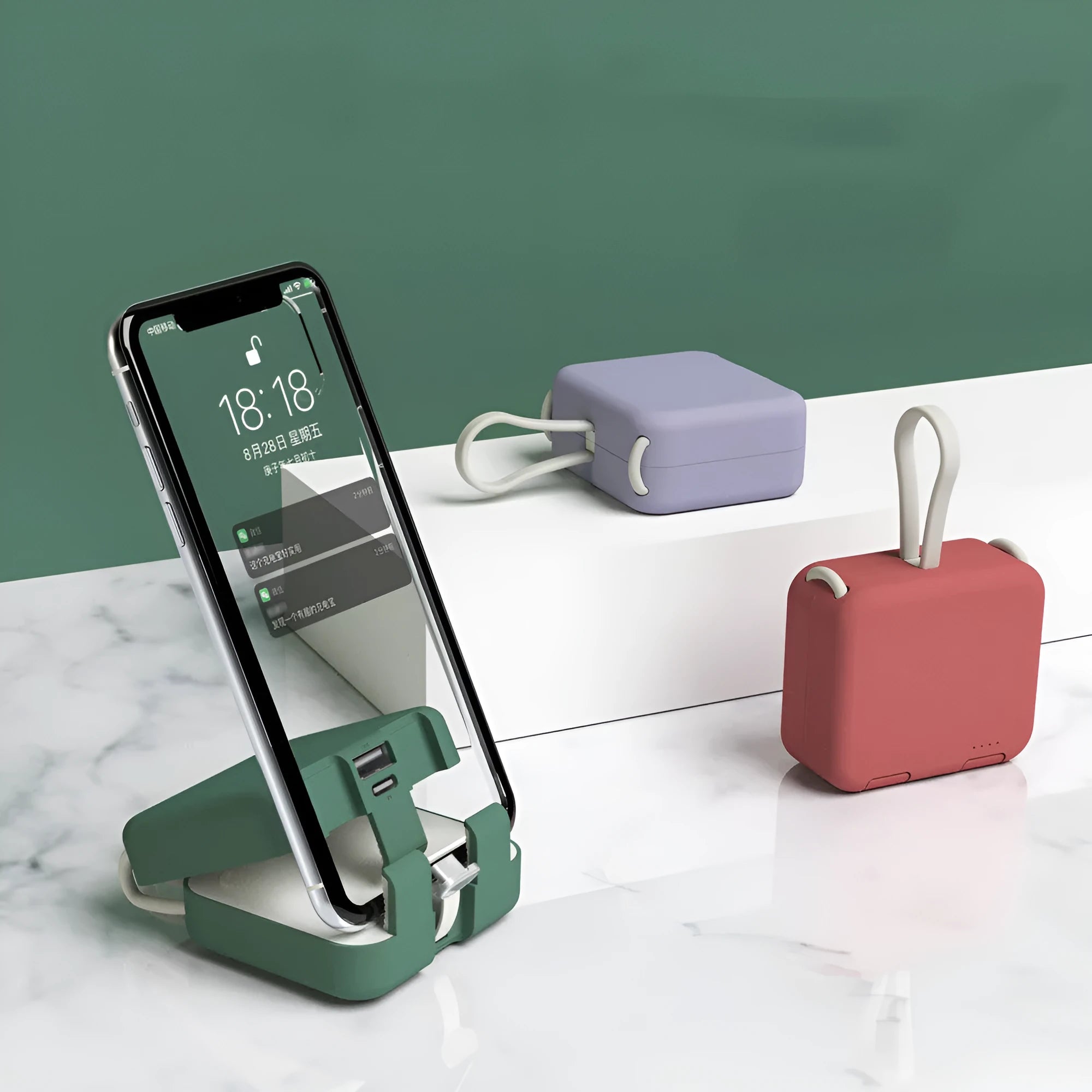 Handbag clip-on power bank with mobile phone stand function in blue, green, red or white colours