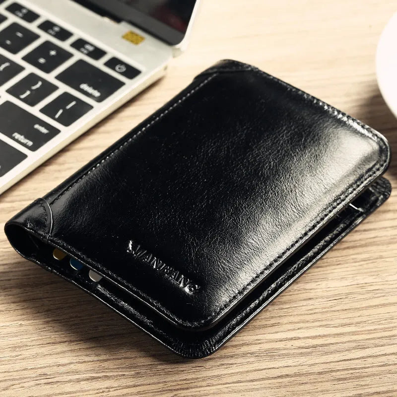 Men's black leather bifold wallet open, showing eight card slots, bill compartment, and a zip coin pocket