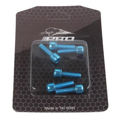 Set of six stainless steel mountain bike handlebar fixing screws in assorted colours on a card.