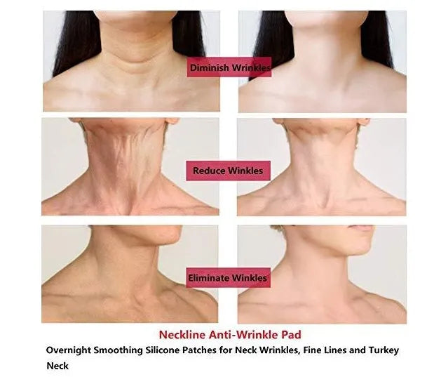 Transparent anti-wrinkle silicone neck pad measuring 200x60mm with gel texture, placed on a flat surface