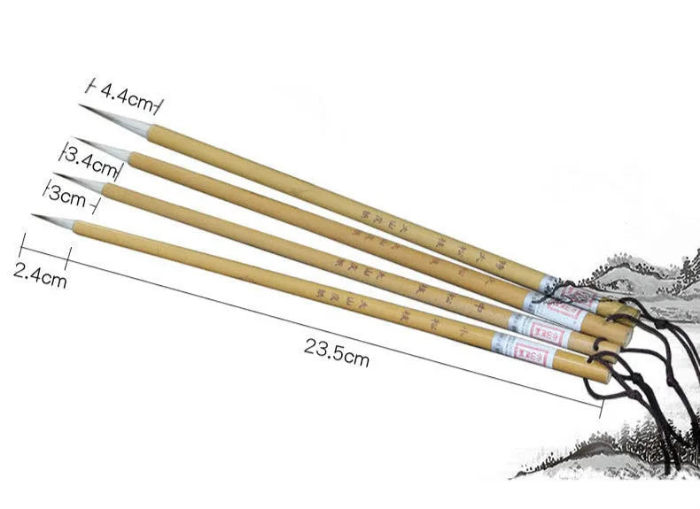 Four gold-body writing brushes with mixed-hair heads in pine branch colour set
