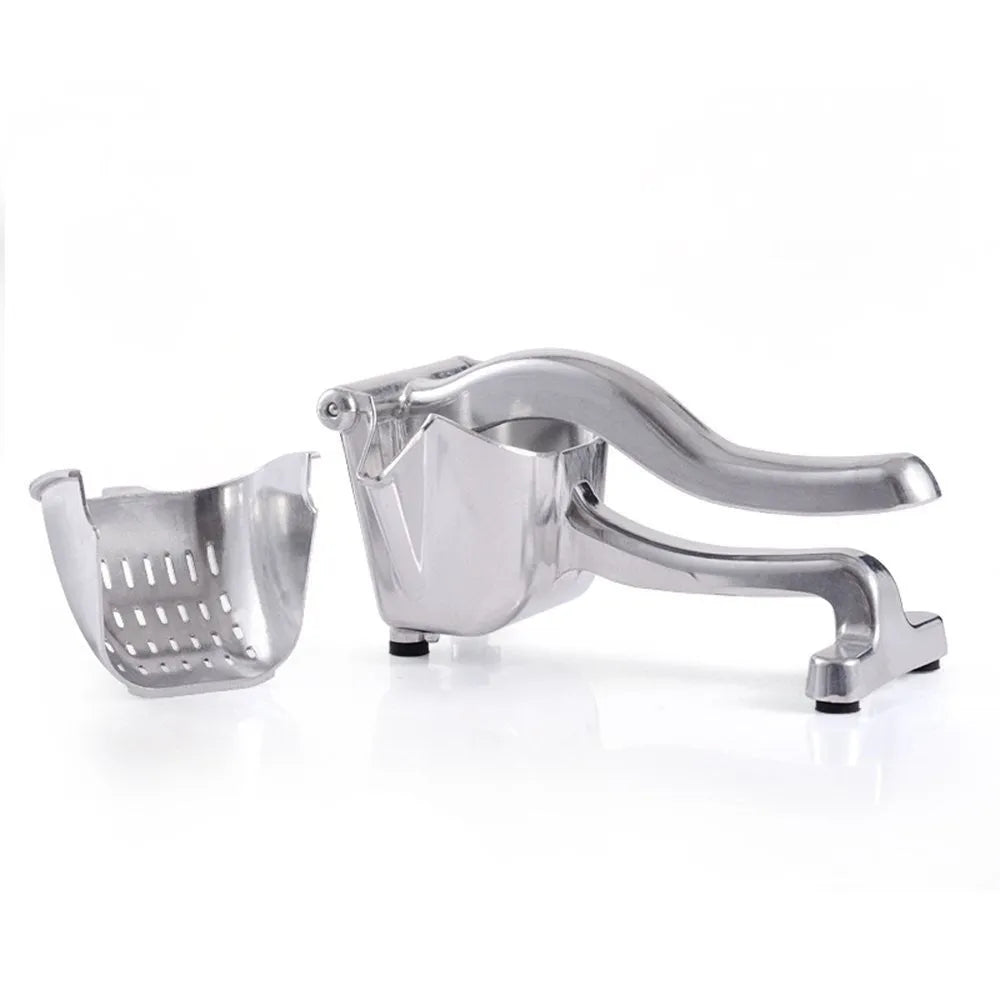 Silver heavy duty lemon squeezer with large bowl on a kitchen counter