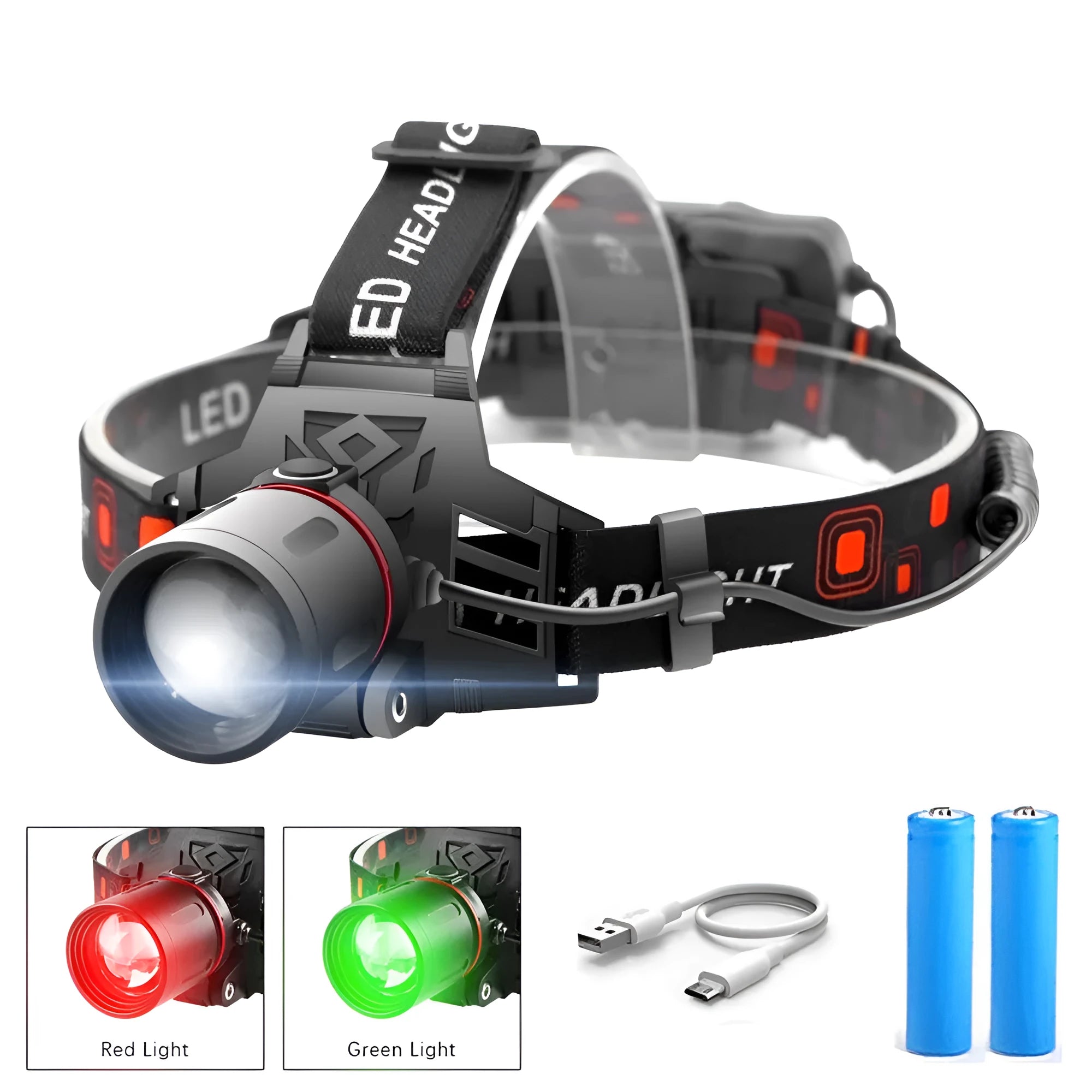 T6 LED zoom headlamp showing white, red, and green light modes on an adjustable headband.