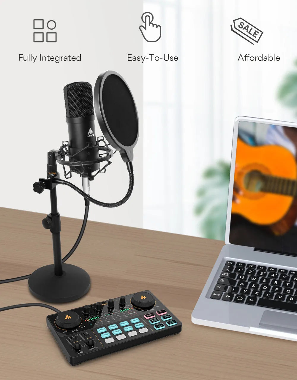 Black metal condenser microphone with XLR and 3.5mm ports for mobile computer live broadcast