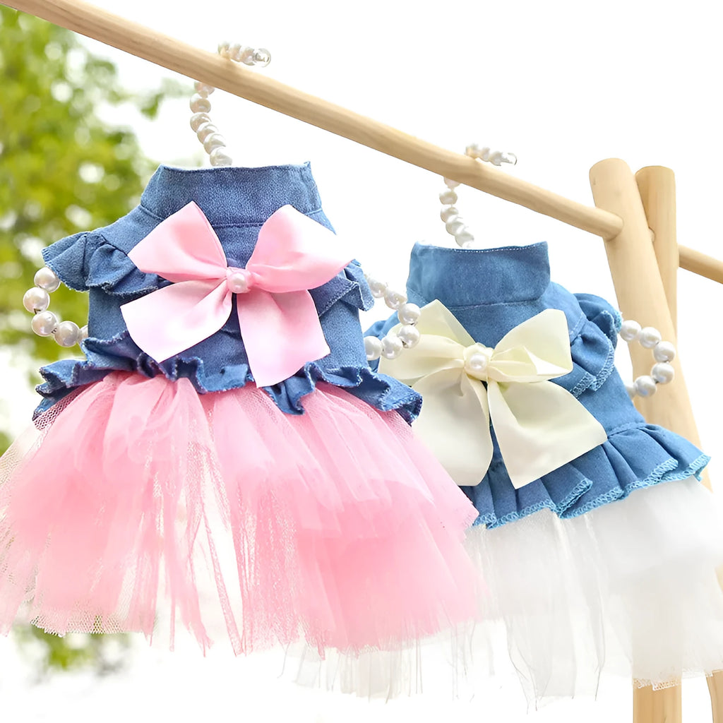 Korean-style denim pet skirt with a bow, shown in pink and white.
