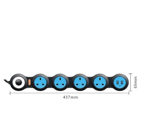White UK power strip with five sockets, two USB ports, rotating design and 4m cable