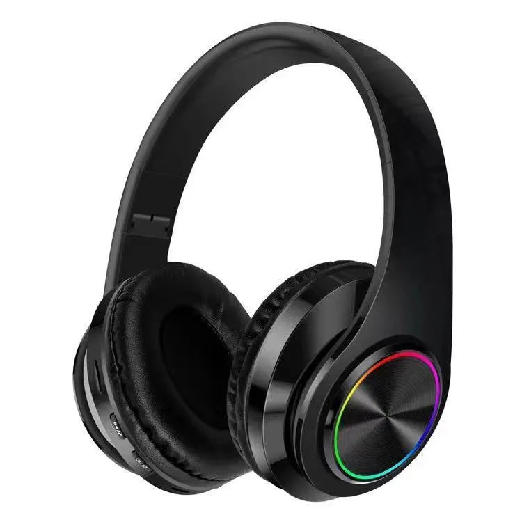 Wireless Bluetooth gaming headset in black with head-mounted design and breathing light effects