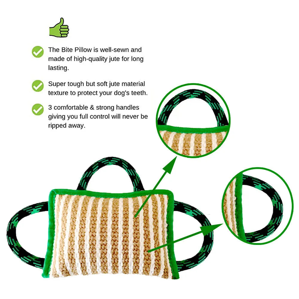 Dog tug of war toy with blue jute bite pillow and three rope handles on a wooden floor.