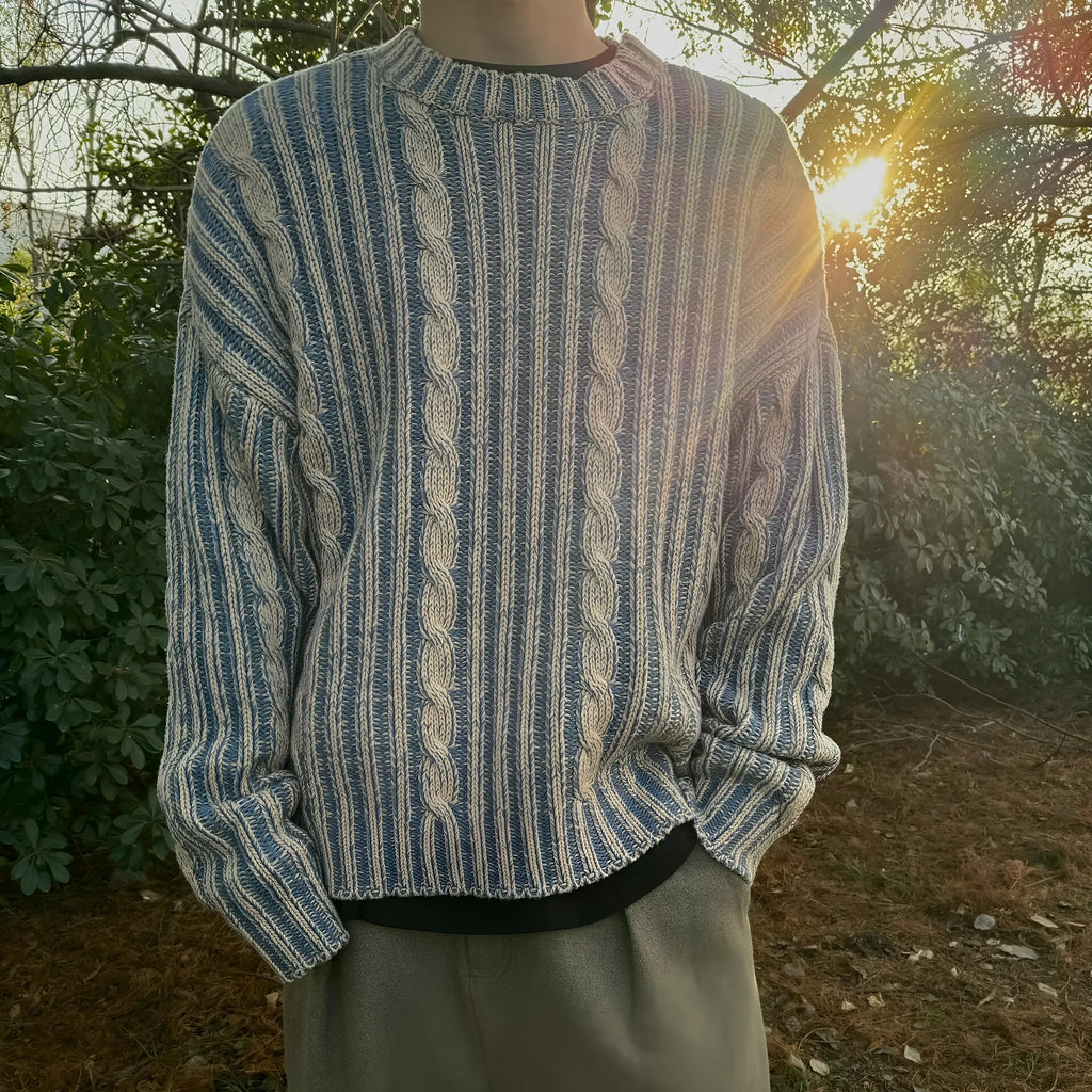 Blue men's cotton round neck casual sweater with contrast stripes in loose fit