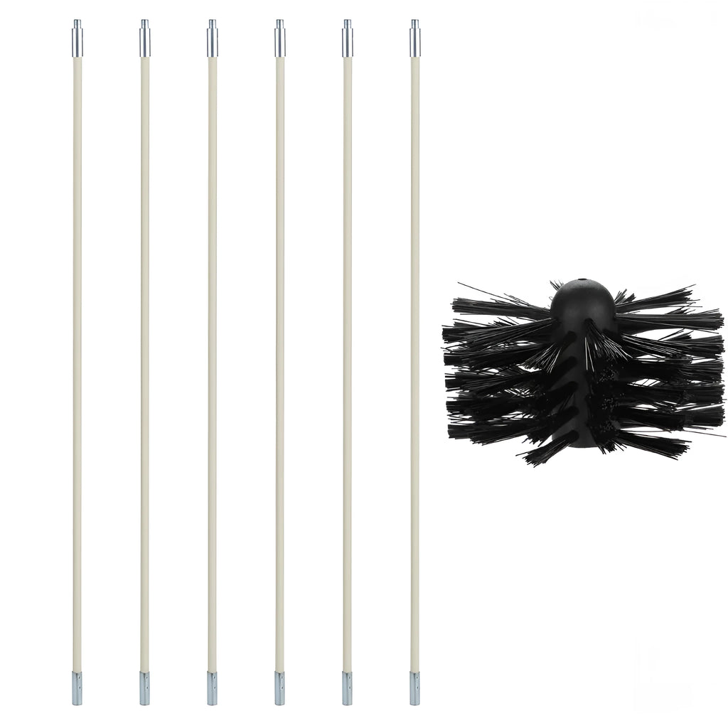 Flexible chimney and dryer vent cleaning brush set with bendable rods and nylon brush head.