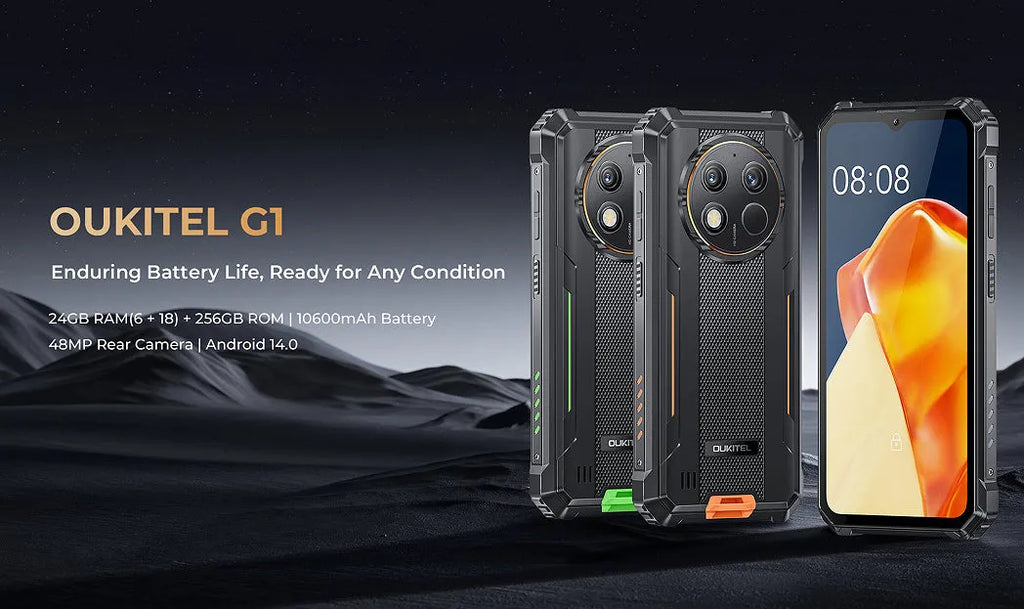 OUKITEL G1 mobile phone in green, grey, or orange colour with included charger and manual.