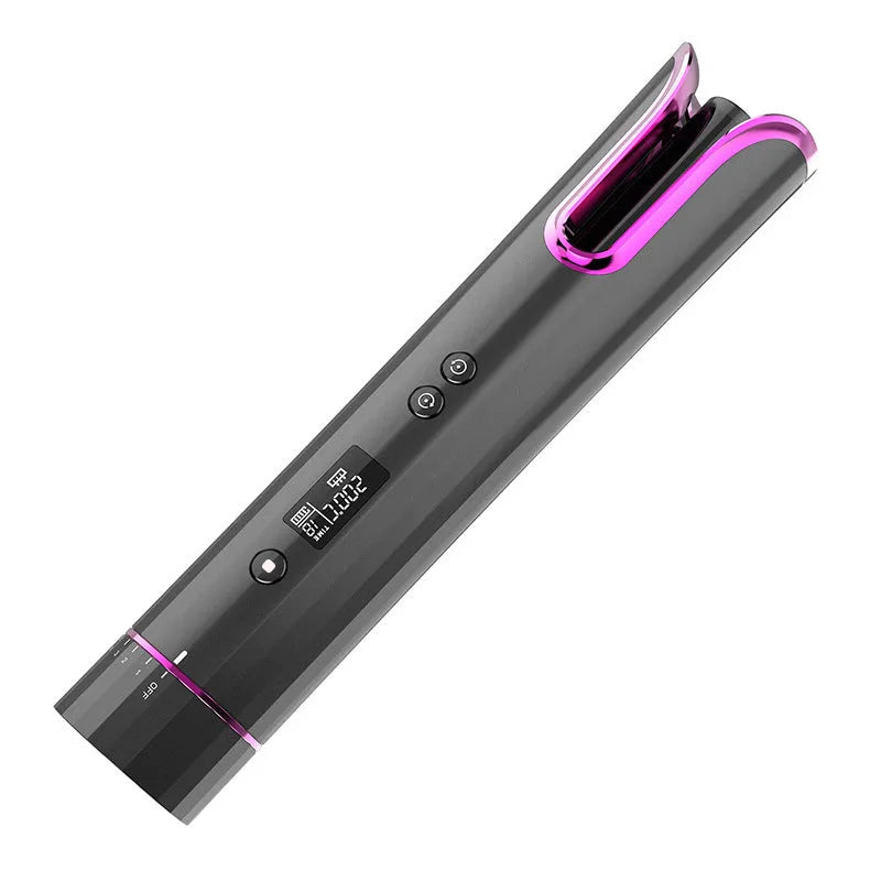 Black automatic USB cordless ceramic curling iron with 16mm to 20mm barrel on a table