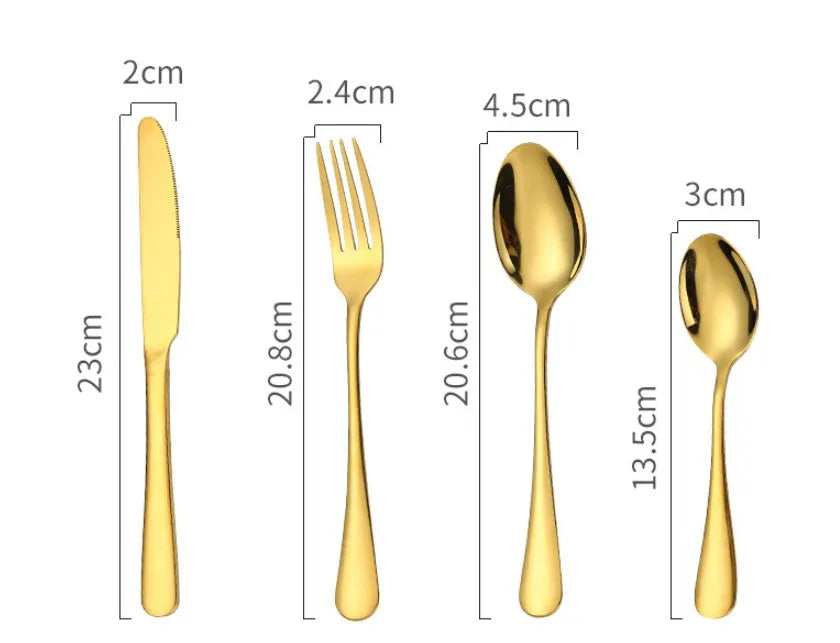 24-piece stainless steel cutlery set showing table knives, forks, and spoons in a gold colour option.