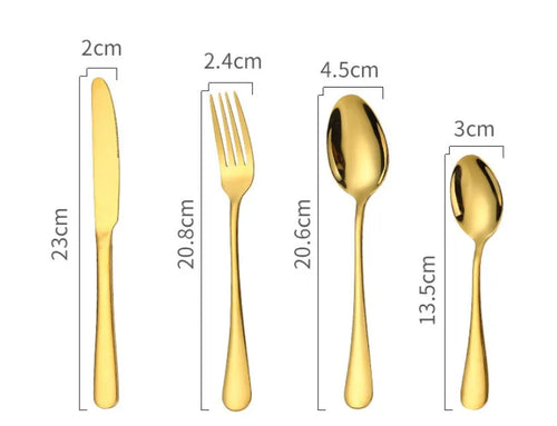 24-piece stainless steel cutlery set showing table knives, forks, and spoons in a gold colour option.