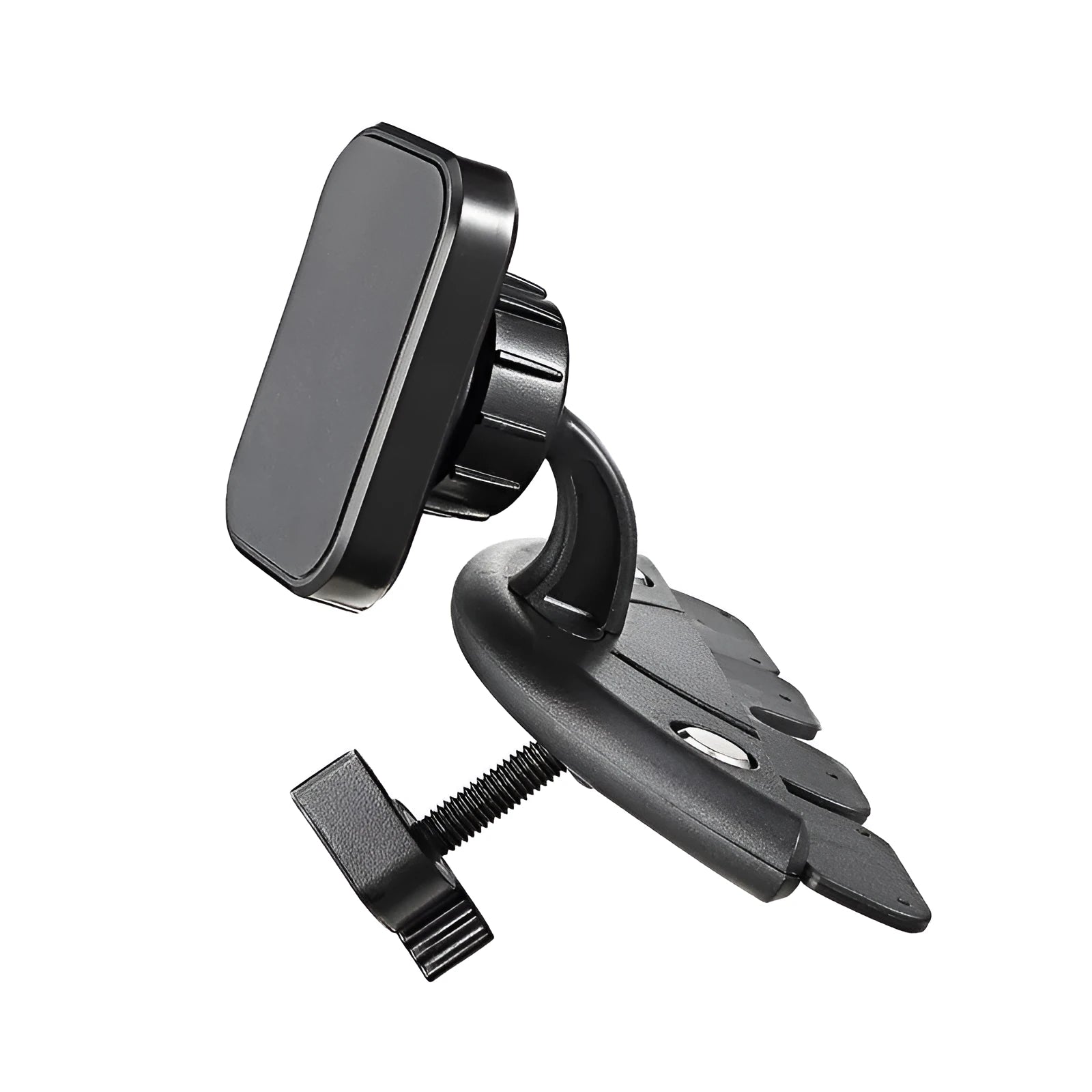 Black universal car phone holder installed in a CD port with adjustable arms for mobile phone or GPS navigation