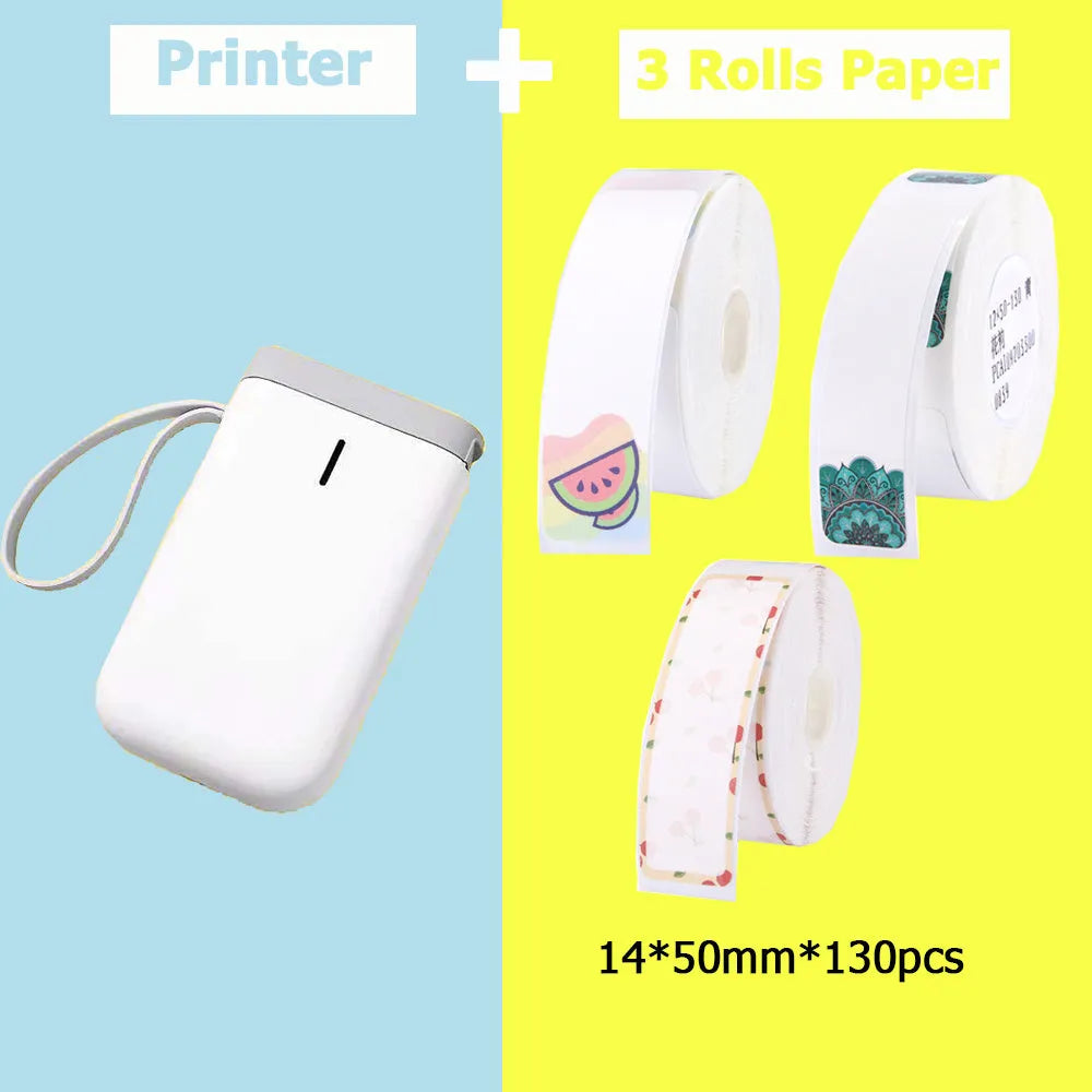 Handheld Bluetooth thermal label printer with label roll inserted, compact 130x75x28mm size