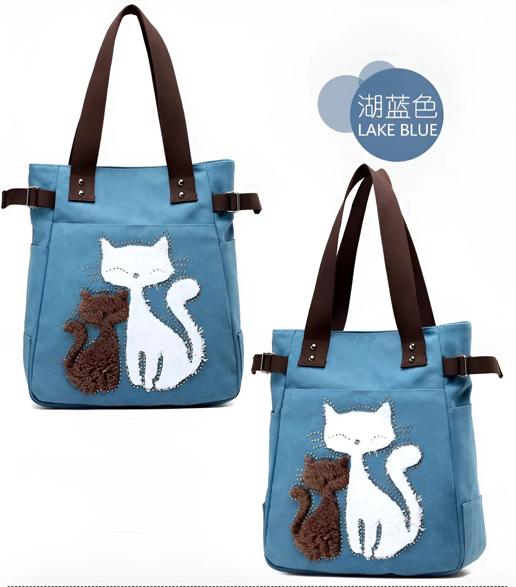 KVKY women canvas bag with plush cat applique in beige, showing shoulder strap and front pocket