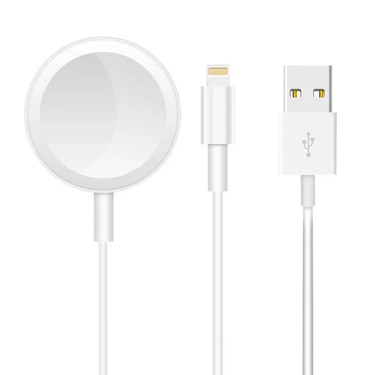 White two-in-one wireless charger for smartwatches with USB cable connection