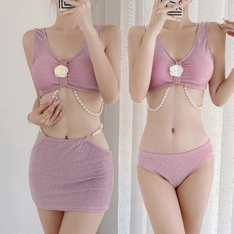 Women's black or pink three-piece polyester bikini for swimming sports