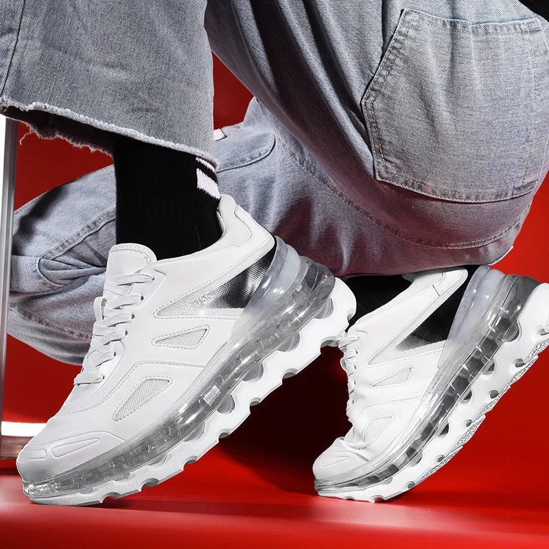 Men's full palm air cushion sports daddy shoes in white with PU upper and wear-resistant sole