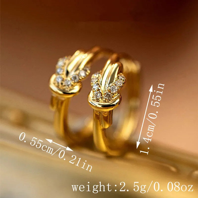 Gold plated copper earrings with inlaid zircon, geometric ring design, Vachette clasp, one pair for women