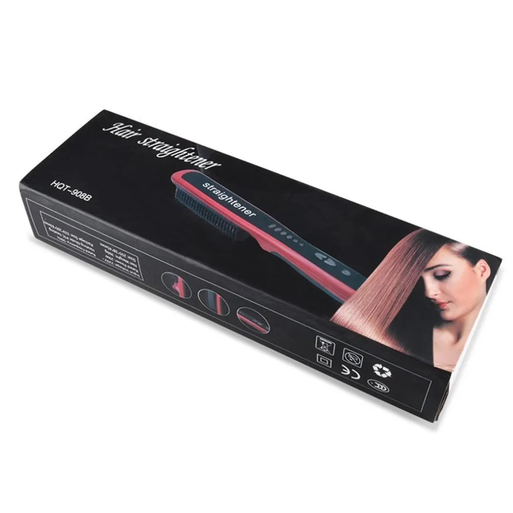 Black and red ceramic hair straightening brush with heated teeth and LED display on white background