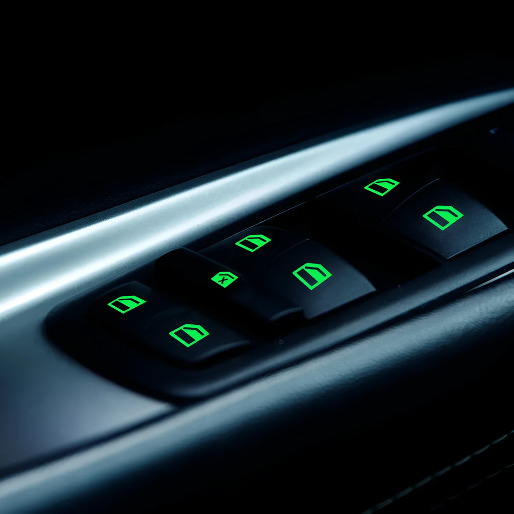 Car window luminous key sticker in Blue Green and Orange on window button