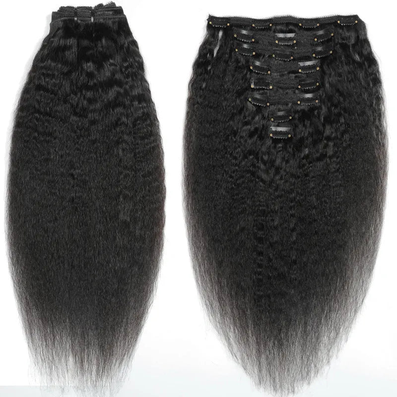 Real human hair clip in wig 8 piece set 120g kinky straight black hair extensions