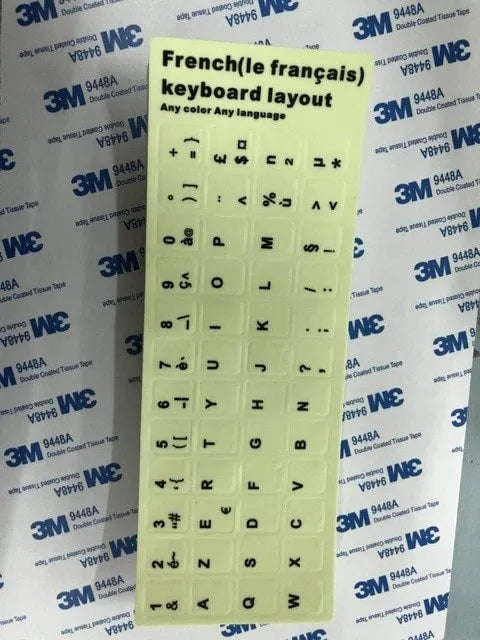 Yellow glowing PVC keyboard stickers with Arabic, Thai, Hebrew, French, Italian, and German language characters