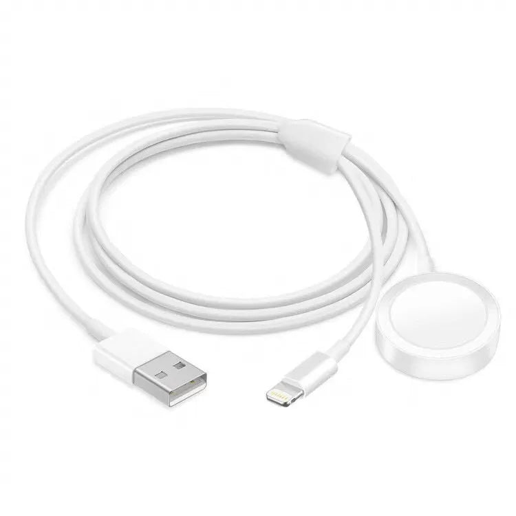 White two-in-one wireless charger for smartwatches with USB cable connection