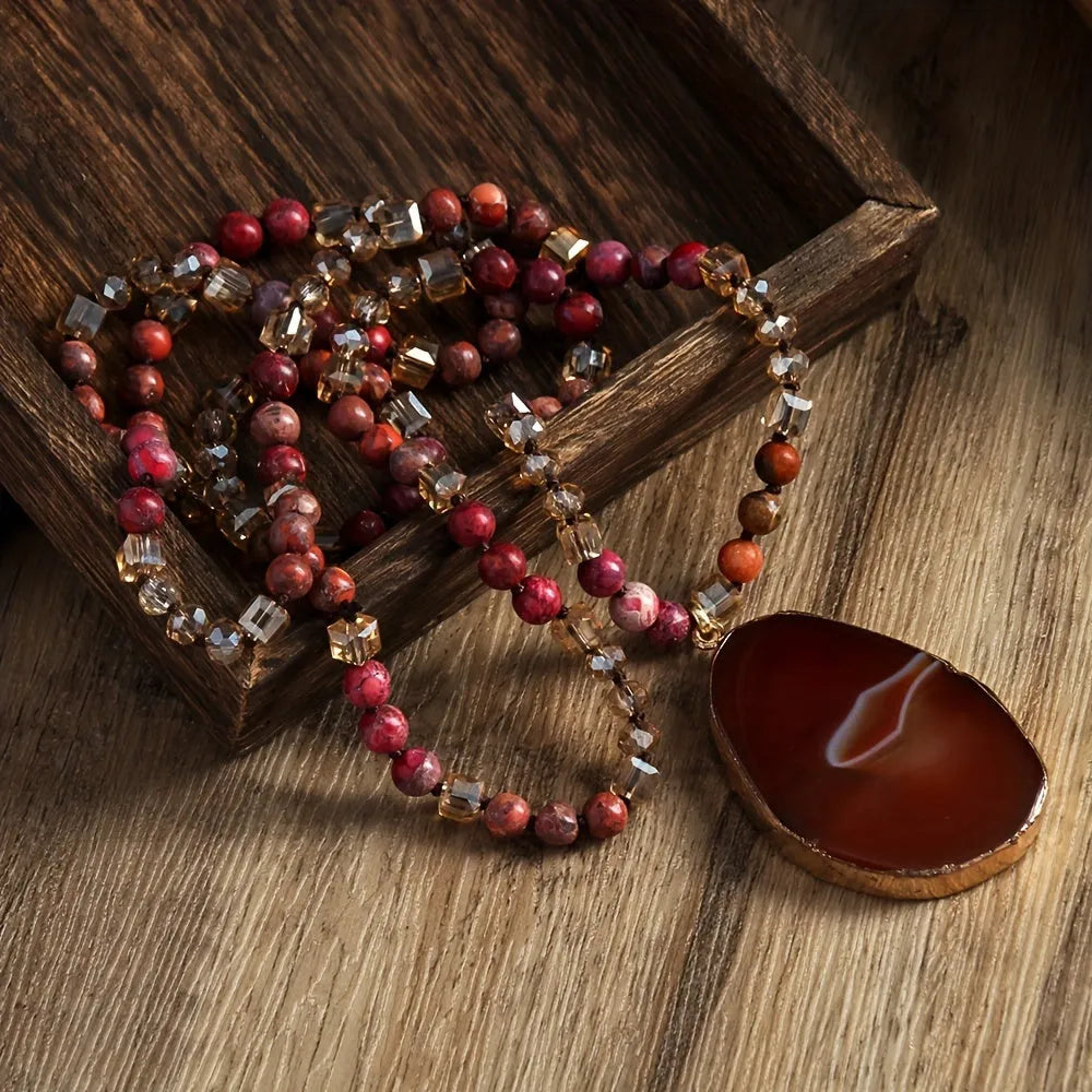 Bohemian 6mm natural stone striped agate water drop pendant necklace, 81cm knotted chain, handmade women's jewellery