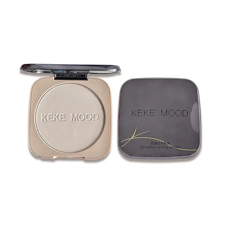 Open compact of oil control pressed powder showing a matte powder surface, with 15g net content and shade options listed.