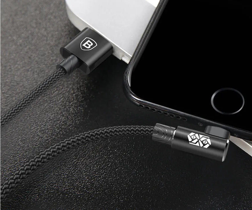 Baseus fast charging data cable for iPhone compatible models, shown in Black, Blue, and Red, 1m or 2m
