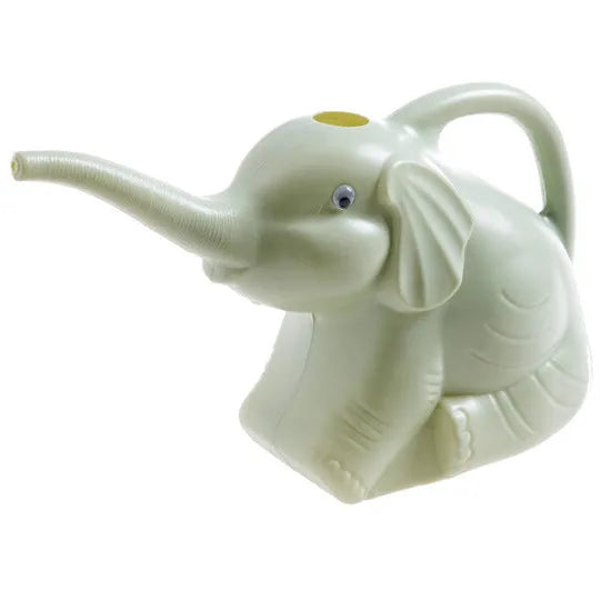 Pink baby elephant shaped plastic watering can with a long spout and bottle-style handle.
