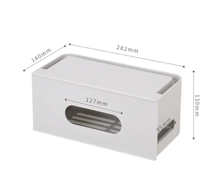 Grey and white plastic wireless router storage box with cable management holes and storage compartments