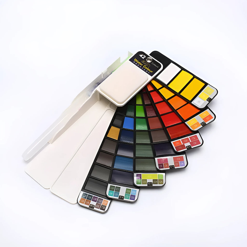 Fan-shaped foldable solid watercolour paint set with transparent plastic box, fountain pen, and sponge