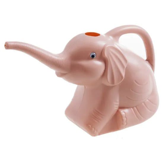 Pink baby elephant shaped plastic watering can with a long spout and bottle-style handle.