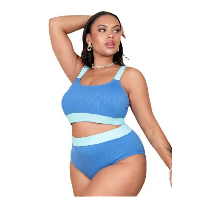 Women's solid colour high-waist bikini swimsuit set in polyester fabric on a mannequin.