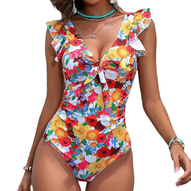 Women's printed one-piece swimsuit with conservative cut for swimming and hot springs